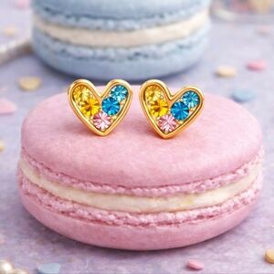 18K Gold Plated Heart Stud Earrings Colorful Zircon Stainless Steel Dainty